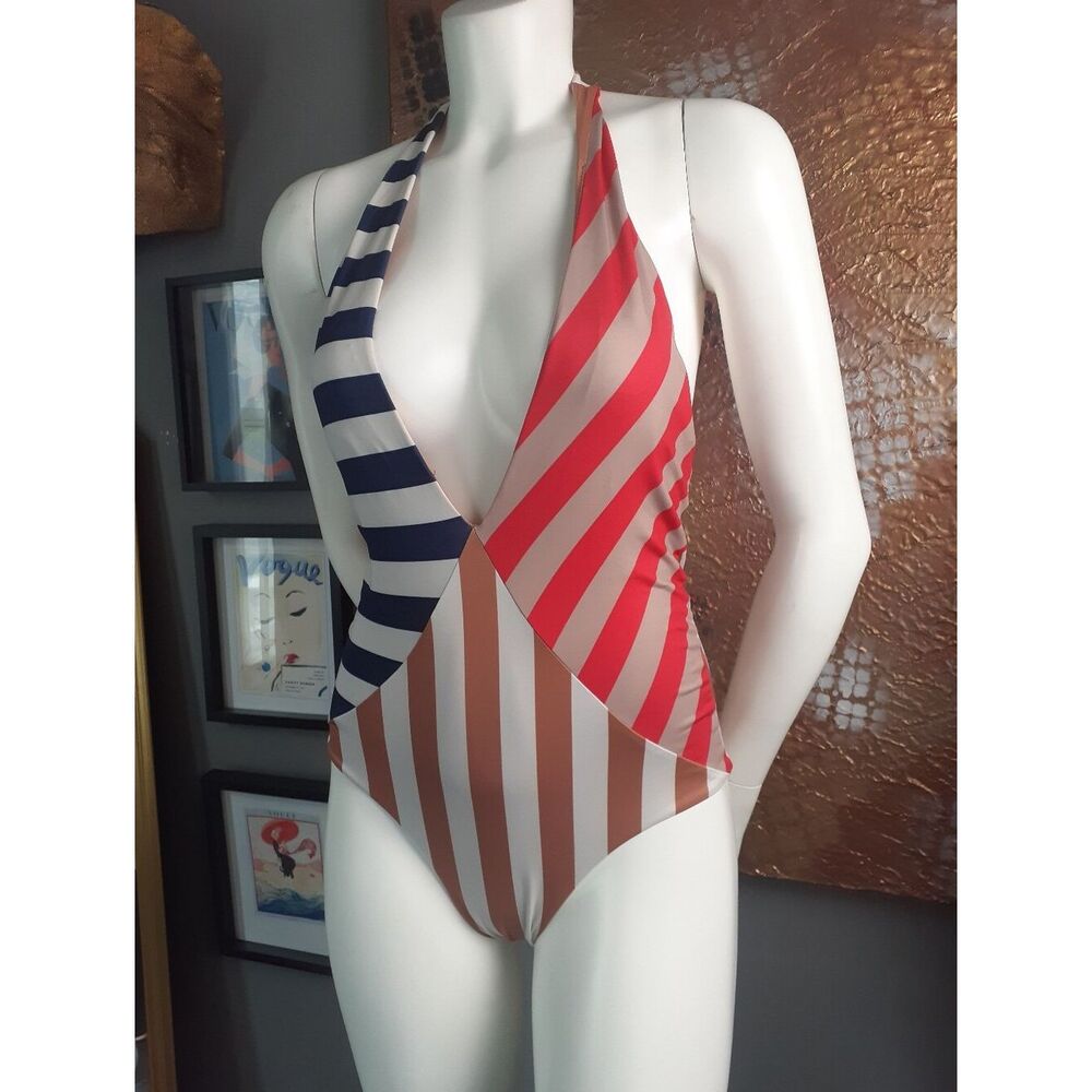 Zara Striped Multicolor Plunge One-Piece Swimsuit